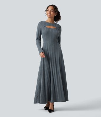 Round Neck Cut Out Long Sleeve Flowy Midi Casual Dress Round Neck Cut Out Long Sleeve Flowy Midi Casual Dress