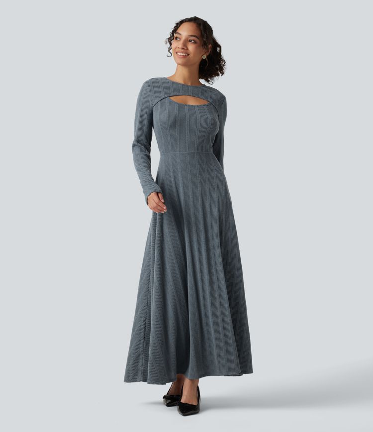 Round Neck Cut Out Long Sleeve Flowy Midi Casual Dress Round Neck Cut Out Long Sleeve Flowy Midi Casual Dress