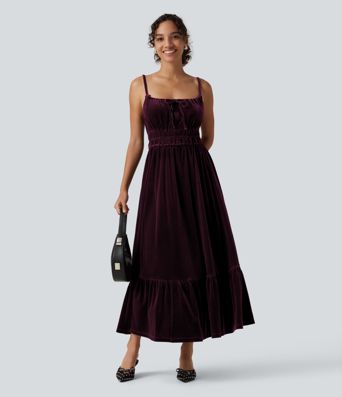 Square Neck Tie Front Flowy Midi Casual Slip Milkmaid Dress Square Neck Tie Front Flowy Midi Casual Slip Milkmaid Dress
