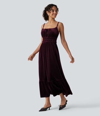 Square Neck Tie Front Flowy Midi Casual Slip Milkmaid Dress Square Neck Tie Front Flowy Midi Casual Slip Milkmaid Dress