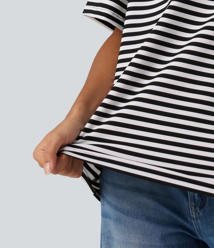 Round Neck Short Sleeve Stripe Waffle Casual T-Shirt Round Neck Short Sleeve Stripe Waffle Casual T-Shirt