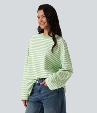 Round Neck Long Sleeve Stripe Waffle Casual Top