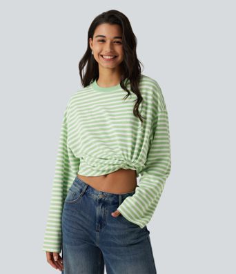 Round Neck Long Sleeve Stripe Waffle Casual Top