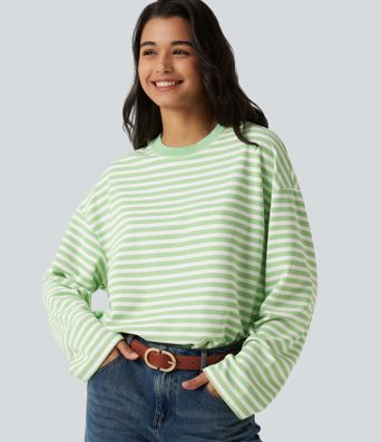 Round Neck Long Sleeve Stripe Waffle Casual Top