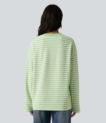 Round Neck Long Sleeve Stripe Waffle Casual Top