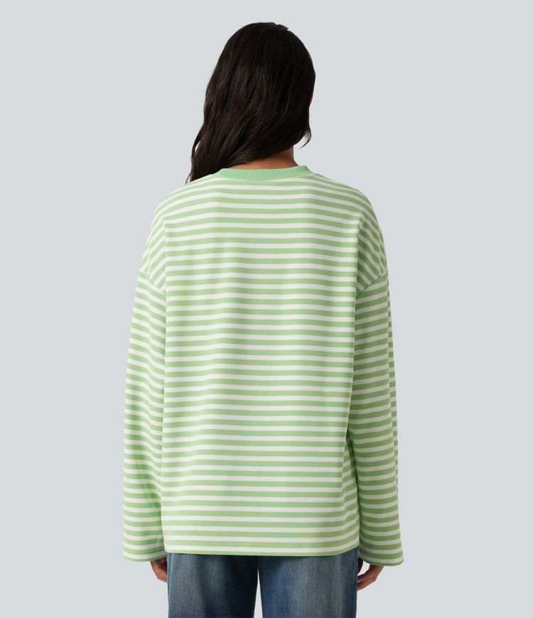 Round Neck Long Sleeve Stripe Waffle Casual Top