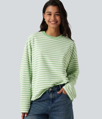 Round Neck Long Sleeve Stripe Waffle Casual Top