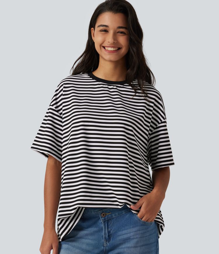 Round Neck Short Sleeve Stripe Waffle Casual T-Shirt Round Neck Short Sleeve Stripe Waffle Casual T-Shirt