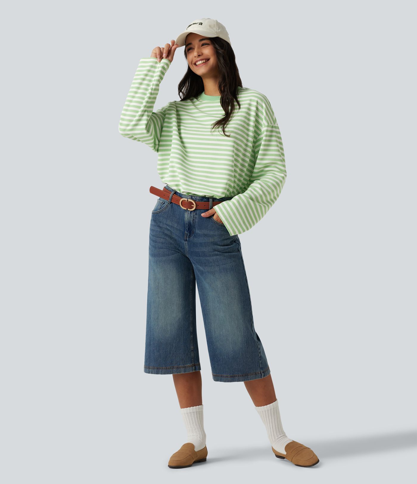 Round Neck Long Sleeve Stripe Waffle Casual Top