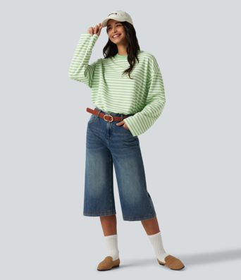 Round Neck Long Sleeve Stripe Waffle Casual Top