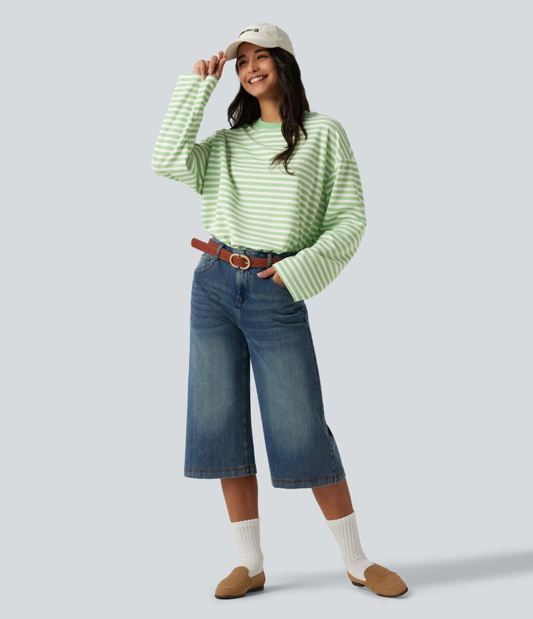 Round Neck Long Sleeve Stripe Waffle Casual Top