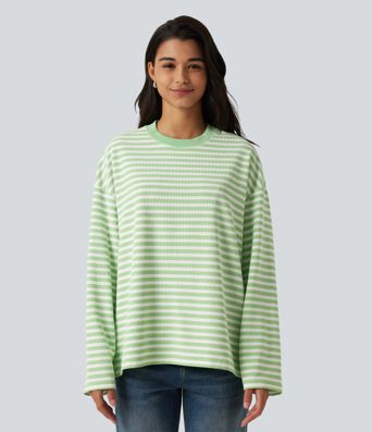 Round Neck Long Sleeve Stripe Waffle Casual Top