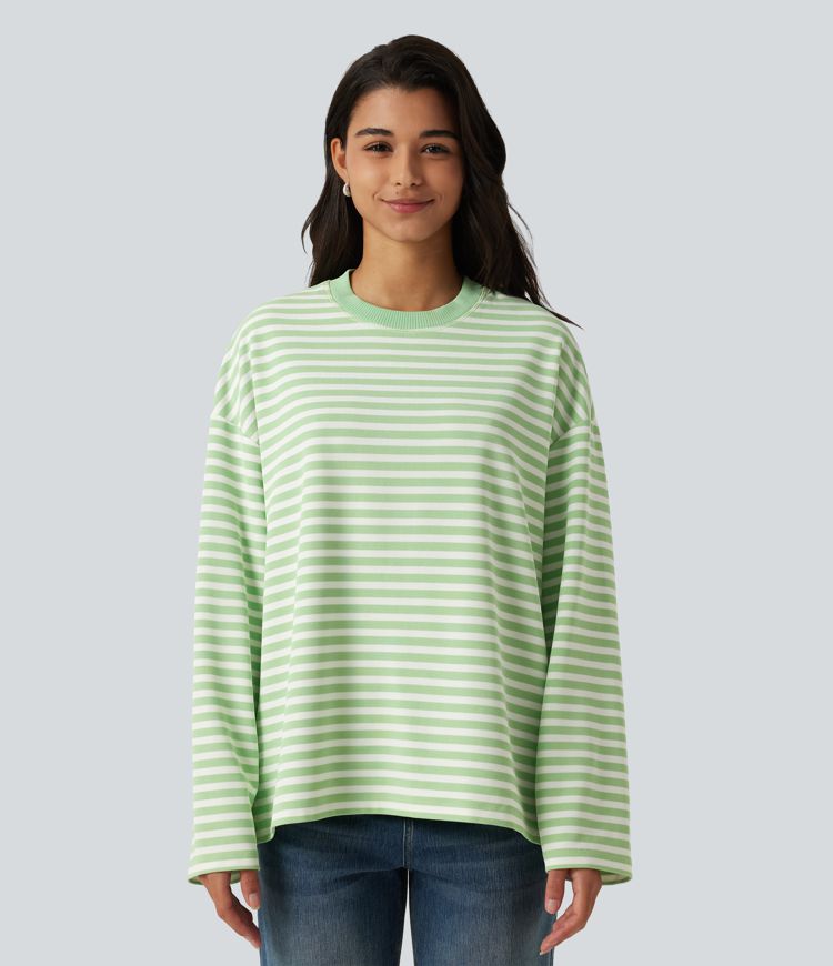 Round Neck Long Sleeve Stripe Waffle Casual Top