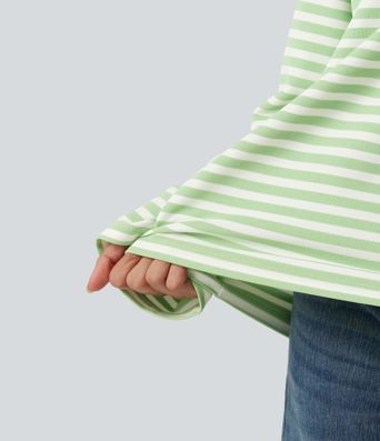 Round Neck Long Sleeve Stripe Waffle Casual Top