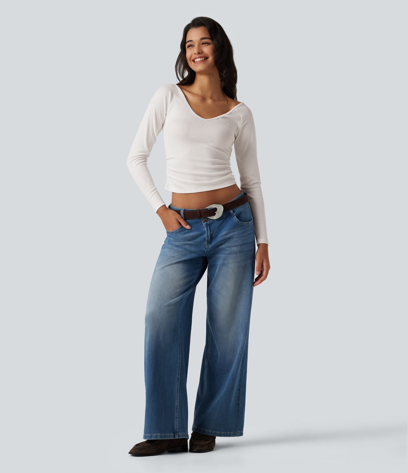 V Neck Long Sleeve Ruched Casual T-Shirt