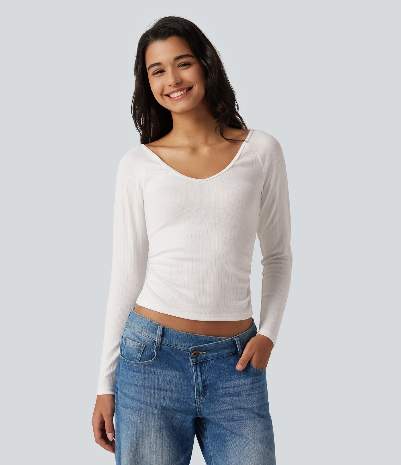 V Neck Long Sleeve Ruched Casual T-Shirt