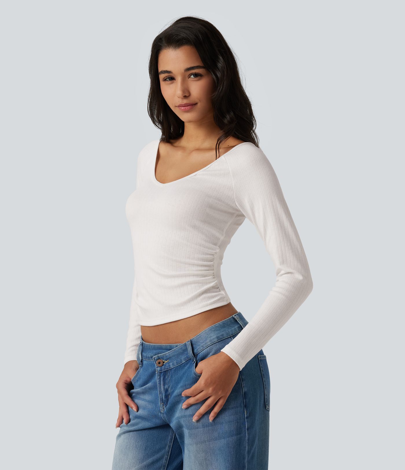 V Neck Long Sleeve Ruched Casual T-Shirt