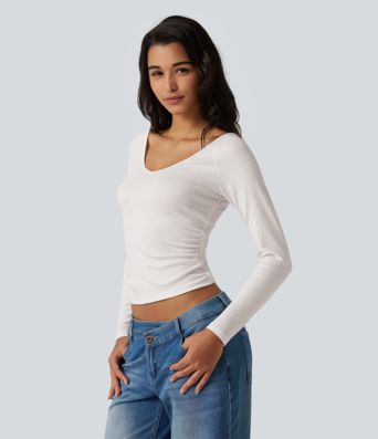 V Neck Long Sleeve Ruched Casual T-Shirt