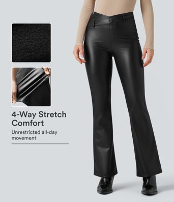 Pantalones acampanados casuales asimétricos de tiro alto con control abdominal, en forro polar de PU elástico y con bolsillos