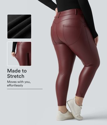 Lässige Leggings in Übergröße mit hoher Taille aus dehnbarem PU-Fleece und Taschen