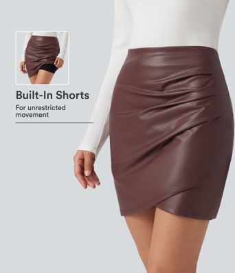 High Waisted 2-in-1 Ruched Crossover Hem Bodycon Fleece Mini Casual PU Leather Skirt High Waisted 2-in-1 Ruched Crossover Hem Bodycon Fleece Mini Casual PU Leather Skirt