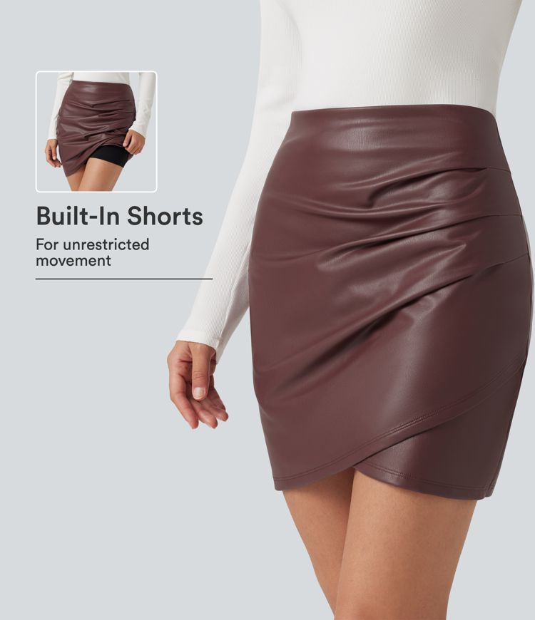 High Waisted 2-in-1 Ruched Crossover Hem Bodycon Fleece Mini Casual PU Leather Skirt High Waisted 2-in-1 Ruched Crossover Hem Bodycon Fleece Mini Casual PU Leather Skirt
