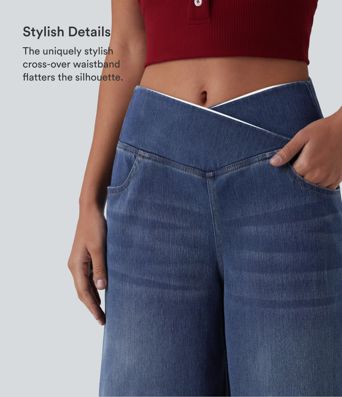 Halara Flex™ Crossover High Waisted Tummy Control Denim Casual Baggy Bermuda Shorts with Pockets Halara Flex™ Crossover High Waisted Tummy Control Denim Casual Baggy Bermuda Shorts with Pockets