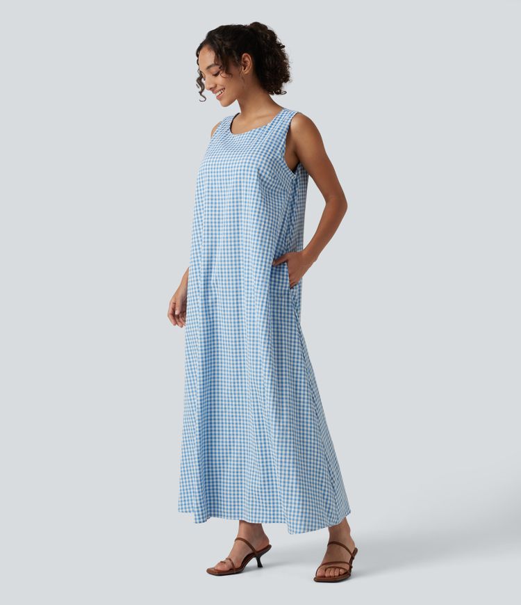 Robe midi sans manches col rond en vichy froissé, style débardeur décontracté, avec poches — pour bonnets DD–F Robe midi sans manches col rond en vichy froissé, style débardeur décontracté, avec poches — pour bonnets DD–F