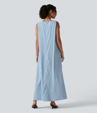Robe midi sans manches col rond en vichy froissé, style débardeur décontracté, avec poches — pour bonnets DD–F Robe midi sans manches col rond en vichy froissé, style débardeur décontracté, avec poches — pour bonnets DD–F