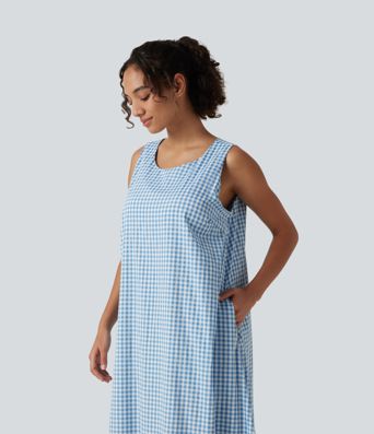 Robe midi sans manches col rond en vichy froissé, style débardeur décontracté, avec poches — pour bonnets DD–F Robe midi sans manches col rond en vichy froissé, style débardeur décontracté, avec poches — pour bonnets DD–F