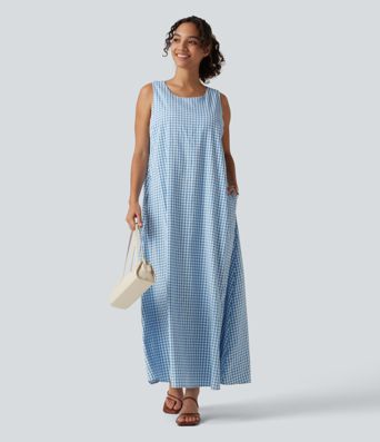 Robe midi sans manches col rond en vichy froissé, style débardeur décontracté, avec poches — pour bonnets DD–F Robe midi sans manches col rond en vichy froissé, style débardeur décontracté, avec poches — pour bonnets DD–F