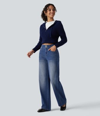 Halara Flex™ - Lässige Jeans mit hohem Bund, mehreren Taschen und geradem Bein Halara Flex™ - Lässige Jeans mit hohem Bund, mehreren Taschen und geradem Bein