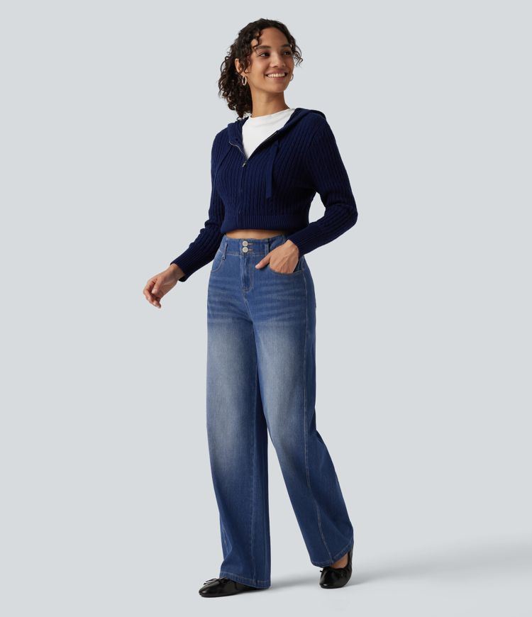Halara Flex™ - Lässige Jeans mit hohem Bund, mehreren Taschen und geradem Bein Halara Flex™ - Lässige Jeans mit hohem Bund, mehreren Taschen und geradem Bein