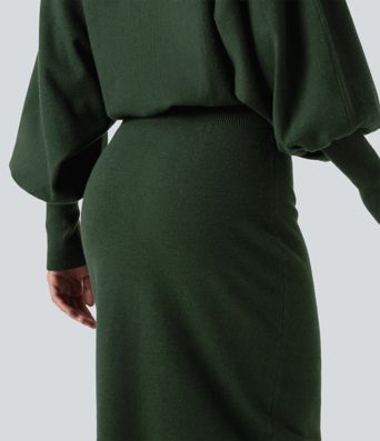 Boat Neck Puff Long Sleeve Work Sweater Dress