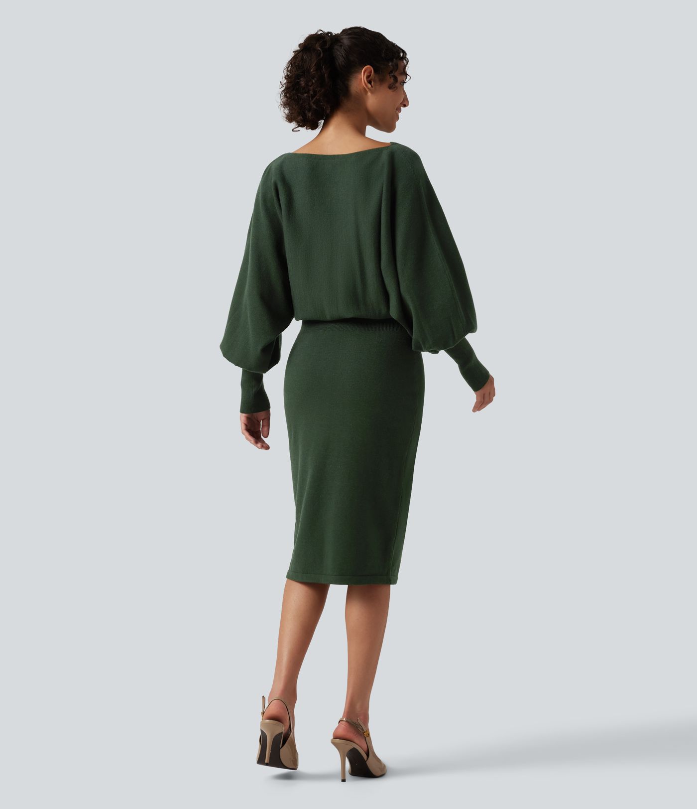 Boat Neck Puff Long Sleeve Work Sweater Dress