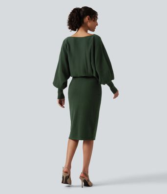 Boat Neck Puff Long Sleeve Work Sweater Dress