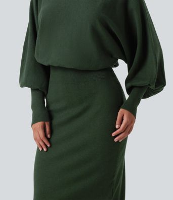 Boat Neck Puff Long Sleeve Work Sweater Dress