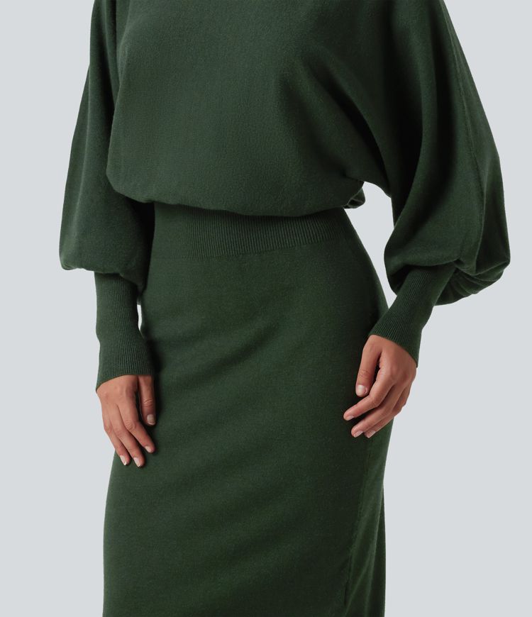 Boat Neck Puff Long Sleeve Work Sweater Dress