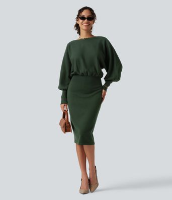 Boat Neck Puff Long Sleeve Work Sweater Dress