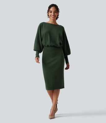 Boat Neck Puff Long Sleeve Work Sweater Dress