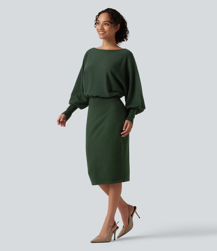 Boat Neck Puff Long Sleeve Work Sweater Dress