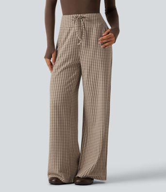 Pantalon baggy décontracté à carreaux, taille mi-haute, cordon de serrage et poches