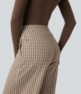 Pantalon baggy décontracté à carreaux, taille mi-haute, cordon de serrage et poches
