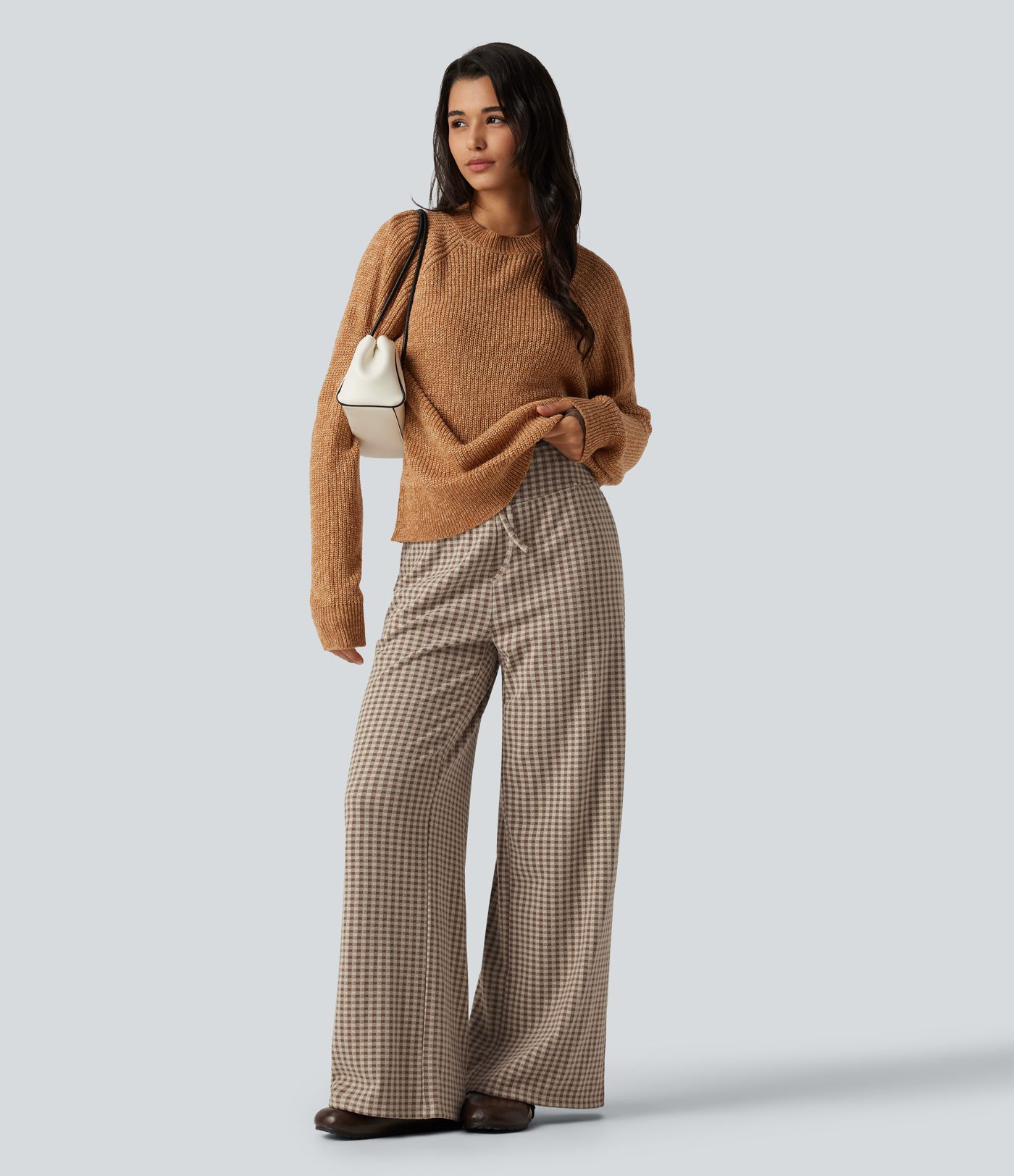 Pantalon baggy décontracté à carreaux, taille mi-haute, cordon de serrage et poches