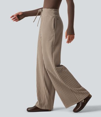 Pantalon baggy décontracté à carreaux, taille mi-haute, cordon de serrage et poches