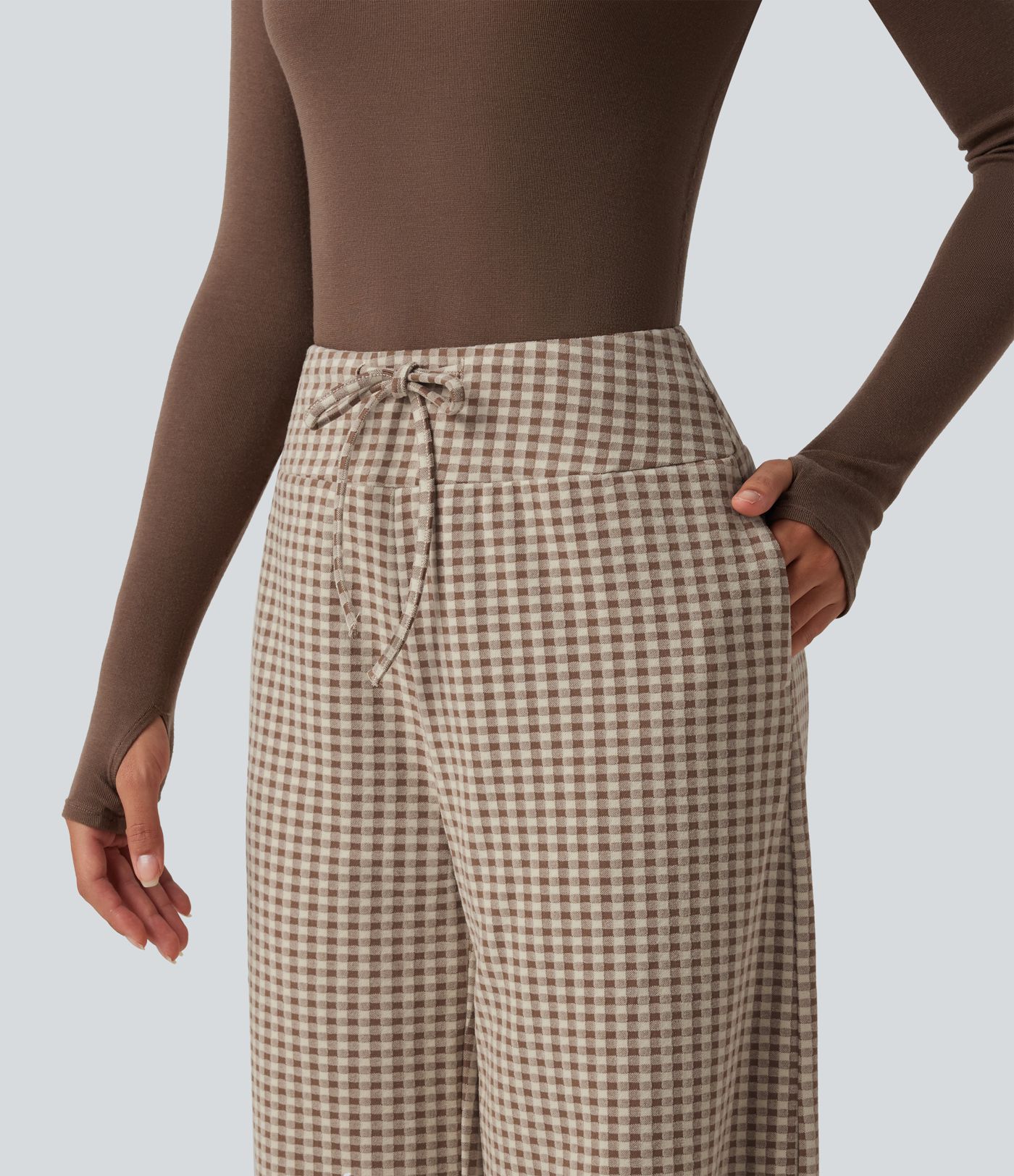 Pantalon baggy décontracté à carreaux, taille mi-haute, cordon de serrage et poches