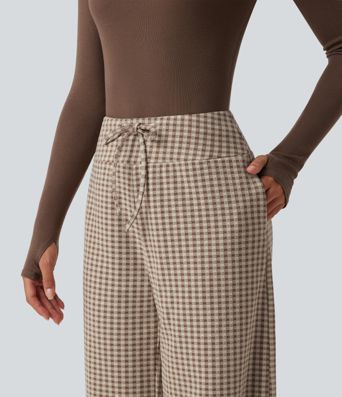 Pantalon baggy décontracté à carreaux, taille mi-haute, cordon de serrage et poches