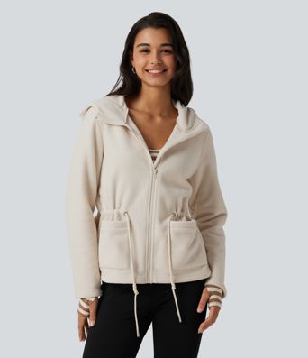 Hooded Drawstring Long Sleeve Casual Sherpa Jacket with Pockets Hooded Drawstring Long Sleeve Casual Sherpa Jacket with Pockets