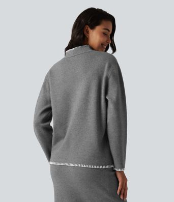 Stand Collar Long Sleeve Crochet Work Sweater Stand Collar Long Sleeve Crochet Work Sweater