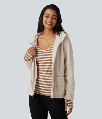 Hooded Drawstring Long Sleeve Casual Sherpa Jacket with Pockets Hooded Drawstring Long Sleeve Casual Sherpa Jacket with Pockets